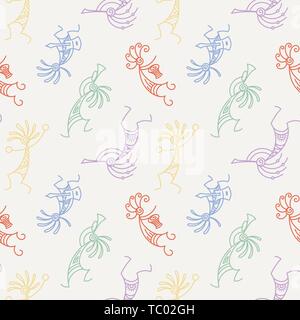 Disegnata a mano Kokopelli seamless pattern. Stilizzata personaggi mitici suonando i flauti. Arte vettoriale per la stampa. design, carte, i bambini e i libri da colorare, Illustrazione Vettoriale