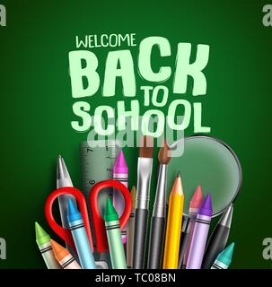 Si torna a scuola il vettore banner design. Benvenuti torna a scuola il testo di saluto con colorati oggetti di scuola e altri elementi educativi in verde Illustrazione Vettoriale