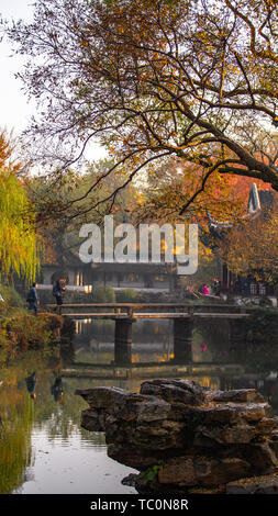 Come un modello cinese di giardini privati, autunno nel sud del fiume Yangtze è bellissimo e spaventosamente ubriaco. Il sole splende contro le foglie d'oro, la luce dorata e il black piastrelle delle pareti rosse. Sedersi al padiglione sul rockery e godetevi le arance rosse e la spia rossa di foglie di acero ... Foto Stock