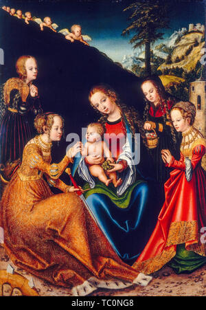 Lucas Cranach il Vecchio, il Matrimonio mistico di Santa Caterina di Alessandria con Santi di Dorothy, Margherita e Barbara, pittura, circa 1516 Foto Stock