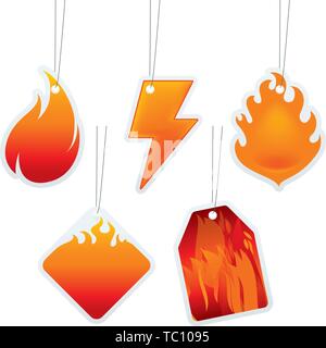 Illustrazione Vettoriale. Cinque i cartellini dei prezzi con forme di fiamma. Vuoto e isolato. Illustrazione Vettoriale