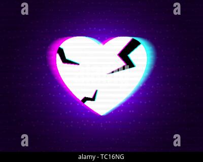 Glitch cuore rotto. Neon distorto amore sul background moderno. Glitched forma stereo con doppia esposizione. Abstract elemento creativo per la carta, banner Illustrazione Vettoriale
