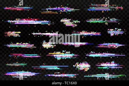 Elementi spuri set. Linee Glitched rumore. Modelli di errore. Le imperfezioni di colore raccolta su sfondo trasparente. Rumore di astratta design per poster Illustrazione Vettoriale