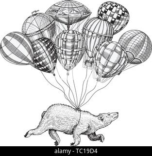 Orso polare vola su aria palloncini. Vintage dirigibile retrò con elementi decorativi. Animale selvatico vola nel cielo. Modello per il logo di viaggio. Disegnata a mano Illustrazione Vettoriale