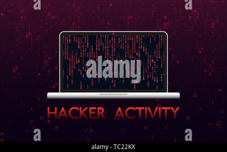 Hacker nozione di attività. Hacked portatile su rosso sfondo binario. Progettazione di malware con sfondo di matrice. Estrazione di cryptocurrency. Attacco Hacker Illustrazione Vettoriale