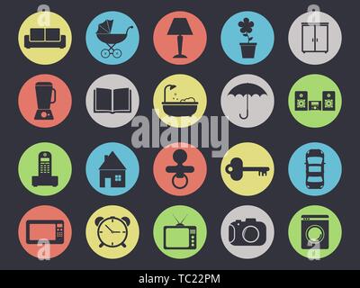 Elettrodomestici e mobili icon set isolato su nero Illustrazione Vettoriale