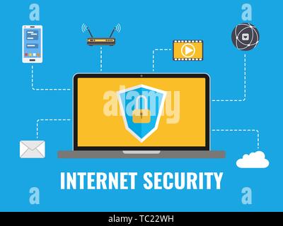 Internet security concetto. Protezione dei dati. Elementi di sicurezza. Computer portatile con connessione internet icone su sfondo blu. Illustrazione Vettoriale Illustrazione Vettoriale