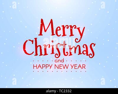 Buon Natale e Felice Anno Nuovo. Inverno concetto su sfondo blu. Iscrizione lucido con retroilluminazione rossa. Modello di Natale con i fiocchi di neve. Vettore Illustrazione Vettoriale