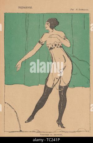 Cartoon dal russo giornale satirico Bichon, raffigurante un scandalosamente vestito femminile, ballerino con il testo 'Dress prova', 1917. () Foto Stock