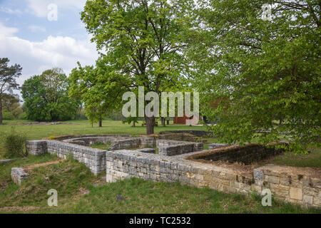 Rovine di Abusina (Abusena), un castra Romano (avamposto militare) e più tardi la città sul Limes germanico frontier al fiume Danubio vicino a Eining, Baviera, Ge Foto Stock