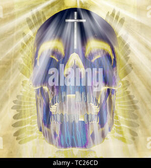 Santa morte. Shining teschio con ali e croce Foto Stock