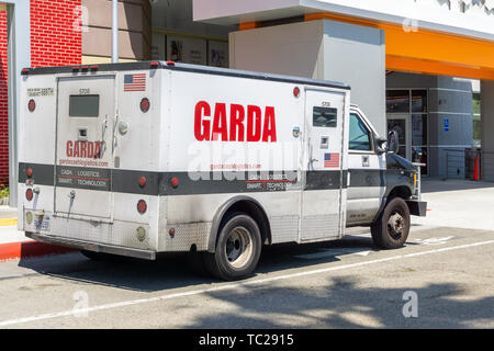 Maggio 30, 2019 Milpitas / CA / STATI UNITI D'AMERICA - Garda corazzato il carrello in modo sicuro il trasporto di denaro contante di Garda logistica , Inc. opera come una filiale di Garda World, Foto Stock