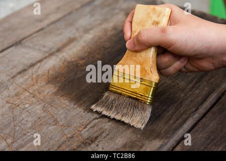 Mano che tiene una spazzola in legno dipinto di pannelli di legno con superficie di macchia di legno Foto Stock