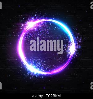 Il Neon cerchio di luce sullo sfondo. Esplosione particelle. Illustrazione Vettoriale