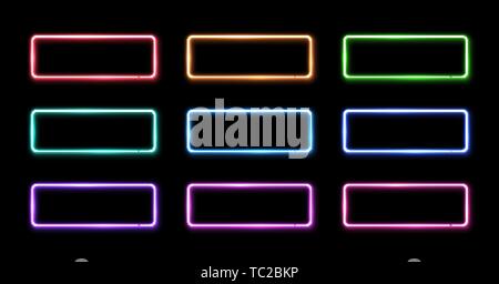Luci al neon colorate set di frame. Anni ottanta forma quadrata di segni. Illustrazione Vettoriale