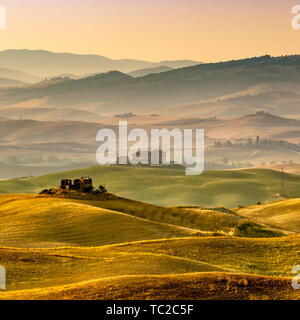 Alba sulle aziende agricole in campagna collinare della Toscana, Italia Foto Stock