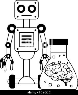 Intelligenza artificiale icone Concept cartoon in bianco e nero Illustrazione Vettoriale