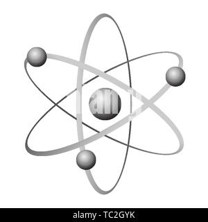 Atom icona grigia con cerchi e sfere interno e su linee isolate su bianco. Illustrazione Vettoriale della più piccola unità costituente della materia ordinaria t Illustrazione Vettoriale