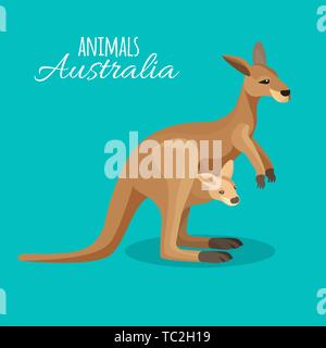 Australia kangaroo animal madre con bambino in tasca su sfondo blu. Illustrazione Vettoriale di isolato marsupiale australiano brown animale con baby Illustrazione Vettoriale