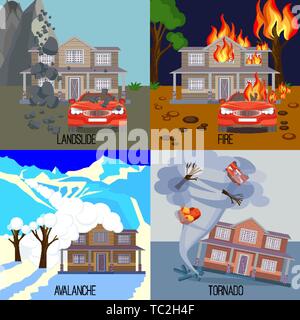 Serie di catastrofi naturali i banner di frana, incendio, valanga, tornado Illustrazione Vettoriale