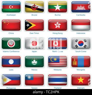 Pulsante bandiere Asia Orientale. Illustrazione Vettoriale. 3 strati. Ombre, piatto bandiera è possibile utilizzare separatamente, pulsante. Raccolta di 220 bandiere del mondo. La precisione dei colori. Semplici modifiche. Illustrazione Vettoriale