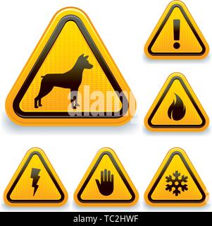 Illustrazione Vettoriale. Sei simboli di avvertenza con icone in style shine. Illustrazione Vettoriale