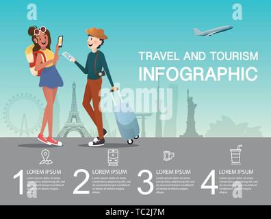 L uomo e la ragazza di pianificazione a aeroporto per viaggiare una infografica Illustrazione Vettoriale