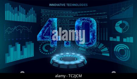 Bassa poli futuro rivoluzione industriale concetto. L'industria 4.0 numero assemblato display HUD. La tecnologia online di gestione industriale. 3D forma poligonale Illustrazione Vettoriale
