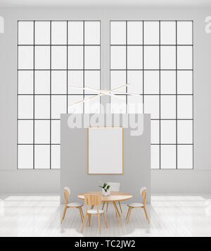 Mock up del fotogramma poster nella moderna e spaziosa sala da pranzo. Minimalista sala da pranzo design. 3D'illustrazione. Foto Stock