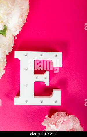 Wooden decorative letter E on pink background Foto Stock