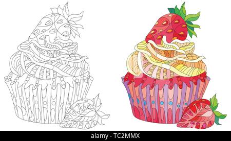 Vector pezzo di torta alla fragola. Disegnata a mano illustrazione per t-shirt in zentangle, doodle stile. Il colore e il profilo impostato Illustrazione Vettoriale