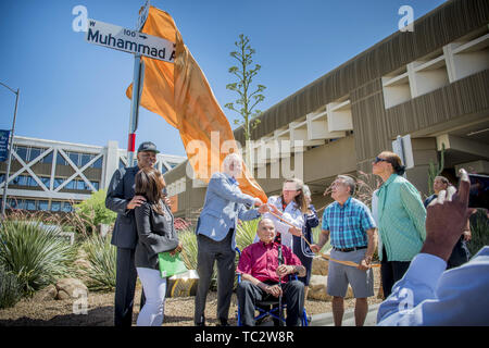 Phoenix, Arizona, Stati Uniti. Il 3 giugno, 2019. Dignitari svelare un cartello stradale in onore di Muhammad Ali di fronte alla Muhammad Ali Centro Parkinson a Barrow Neurological Institute di Phoenix in Arizona, in occasione del terzo anniversario della boxing icona della morte. Da sinistra, inclusi gli ex pugile campione del mondo Ernie rasoi, sua moglie Rita, (sotto il segno), Jimmy Walker, fondatore di Muhammad Ali celebrità Fight Night, dr. Abramo Leiberman (sedia a rotelle), Muhammad Ali il neurologo ed ex direttore del Centro di Ali, il dottor Holly Shill, direttore medico del Muhammad Ali Centro Parkinson in Phoenix (shir blu Foto Stock