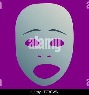 Maschera Teatrale con triste emozione. Illustrazione Vettoriale. Maschera di argento con gradiente su sfondo viola. Illustrazione Vettoriale