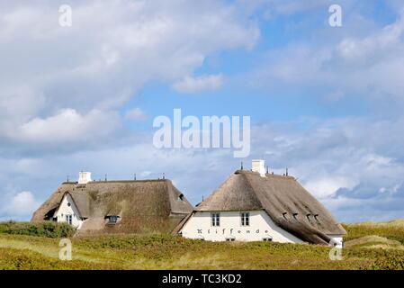 Casa di paglia Kliffende nelle dune vicino a Kampen, Sylt, Nord Isole Frisone, Frisia settentrionale, Schleswig-Holstein, Germania Foto Stock