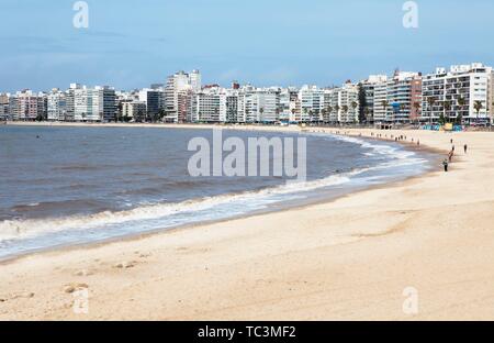 Spiaggia sabbiosa spiaggia di Playa Pocitos, vista città, Montevideo, provincia di Montevideo, Uruguay Foto Stock