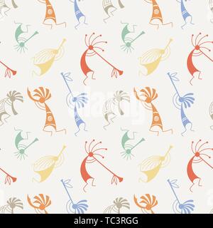 Disegnata a mano Kokopelli seamless pattern. Stilizzata personaggi mitici suonando i flauti. Arte vettoriale per la stampa. design, carte, i bambini e i libri da colorare, Illustrazione Vettoriale