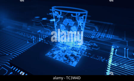 Gestione dei dati di file, eliminazione, diritto di dimenticato simbolo del concetto di ologramma su dynamic sfondo digitale. Scheda di circuito 3d'illustrazione. Foto Stock