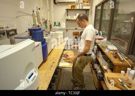Full-length shot di profilo di un ricercatore che lavora in una Terra e Scienze Planetarie lab room presso la Johns Hopkins University, Baltimora, Maryland, Settembre 28, 2007. Dall'Homewood raccolta di fotografie. () Foto Stock