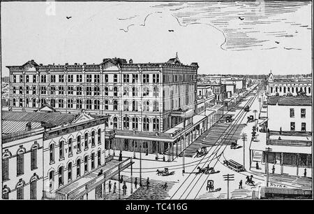 Vista incisa dal Texas Avenue della strada principale a Houston, Texas, dal libro "La città di Houston' da Andrew Morrison, 1890. La cortesia Internet Archive. () Foto Stock