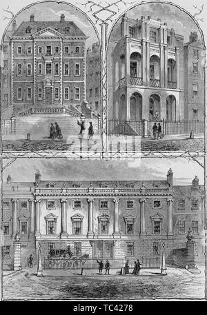 Incisioni di Newcastle House, Sir John Soane's house e il Duca di Ancaster's house a Lincoln's Inn campi, Londra, Inghilterra, dal libro "vecchi e nuovi di Londra: un racconto della sua storia, della sua gente e dei suoi luoghi' da Thornbury Walter, 1873. La cortesia Internet Archive. () Foto Stock