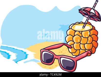 Cocktail di ananas in spiaggia con occhiali da sole illustrazione vettoriale design Illustrazione Vettoriale