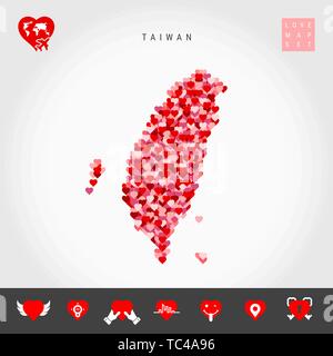 Io amo Taiwan. Rosso e Cuori rosa Pattern mappa vettoriale di Taiwan isolato su sfondo grigio. Amore Icon Set. Illustrazione Vettoriale