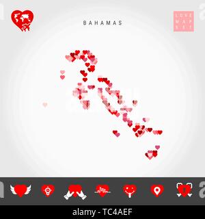 Io amo le Bahamas. Rosso e Cuori rosa Pattern mappa vettoriale delle Bahamas isolato su sfondo grigio. Amore Icon Set. Illustrazione Vettoriale