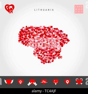 Io amo la Lituania. Rosso e Cuori rosa Pattern mappa vettoriale della Lituania isolato su sfondo grigio. Amore Icon Set. Illustrazione Vettoriale