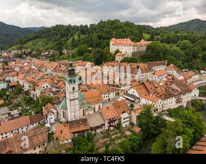 Castello medievale nella città vecchia di Skofja Loka, Slovenia Foto Stock