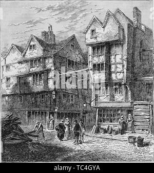 Incisione di vecchie case precedentemente in piedi in macelleria Row, Londra, Inghilterra, dal libro "vecchi e nuovi di Londra: un racconto della sua storia, della sua gente e dei suoi luoghi' da Thornbury Walter, 1873. La cortesia Internet Archive. () Foto Stock