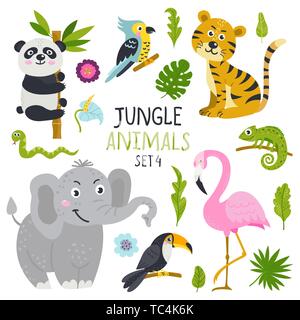 Set di vettore di simpatici animali da giungla e piante Illustrazione Vettoriale