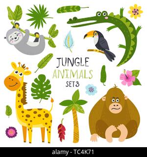 Set di vettore di simpatici animali da giungla e piante. Illustrazione Vettoriale
