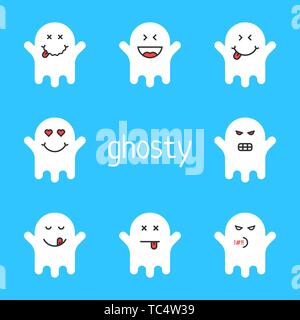 Set di caratteri Emoji Bianco fantasma su sfondo blu Illustrazione Vettoriale