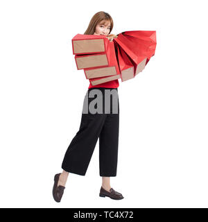 Bella donna di immagine del maglione rosso per il festival di festa Foto Stock